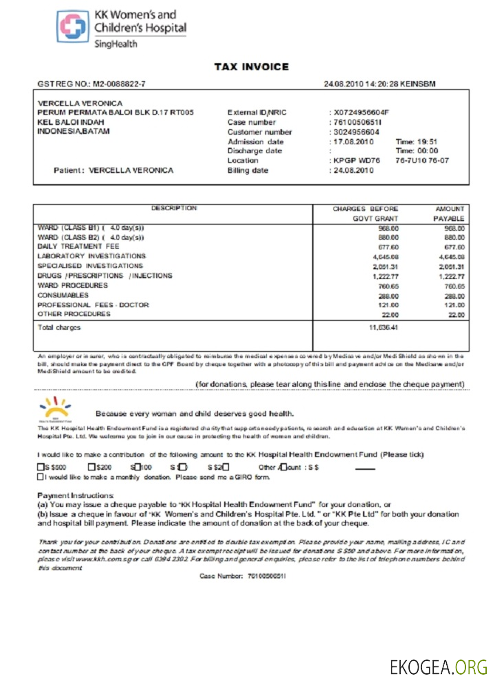 Facture fiscale de l'hôpital pour femmes et enfants du KK de Singapour